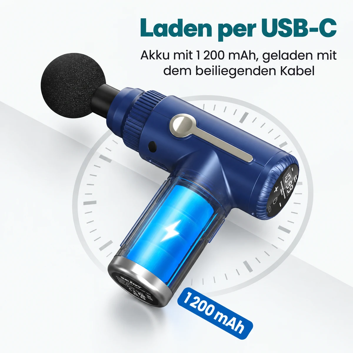 Der Akku mit 1 200 mAh im Gehäuse der Massagepistole, geladen über USB-C