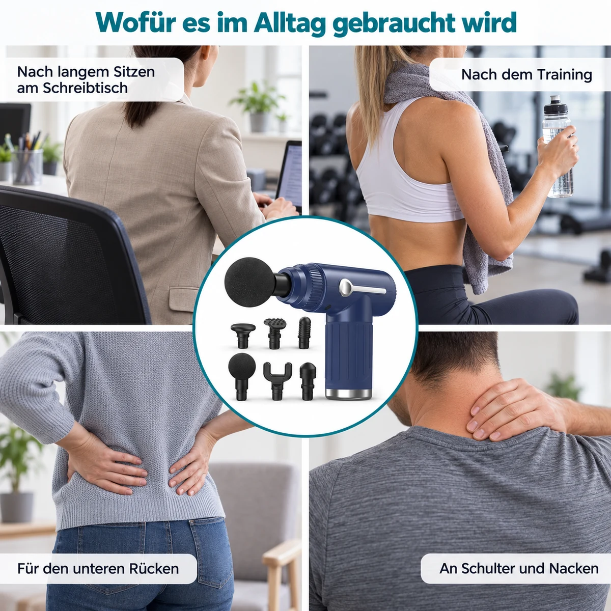 Vier Alltagssituationen: nach langem Sitzen am Schreibtisch, nach dem Training, für den unteren Rücken, an Schulter und Nacken