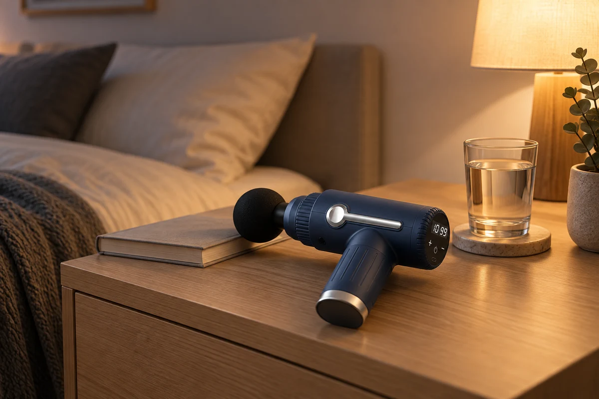 Die Massagepistole liegt am Abend auf einem Nachttisch neben einem Buch und einem Glas Wasser