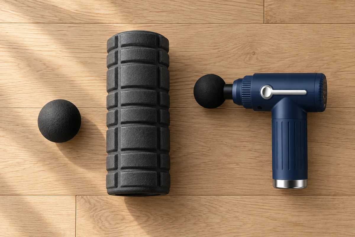 Ein kleiner Massageball, eine Faszienrolle und die Massagepistole in einer Reihe auf hellem Eichenholzboden