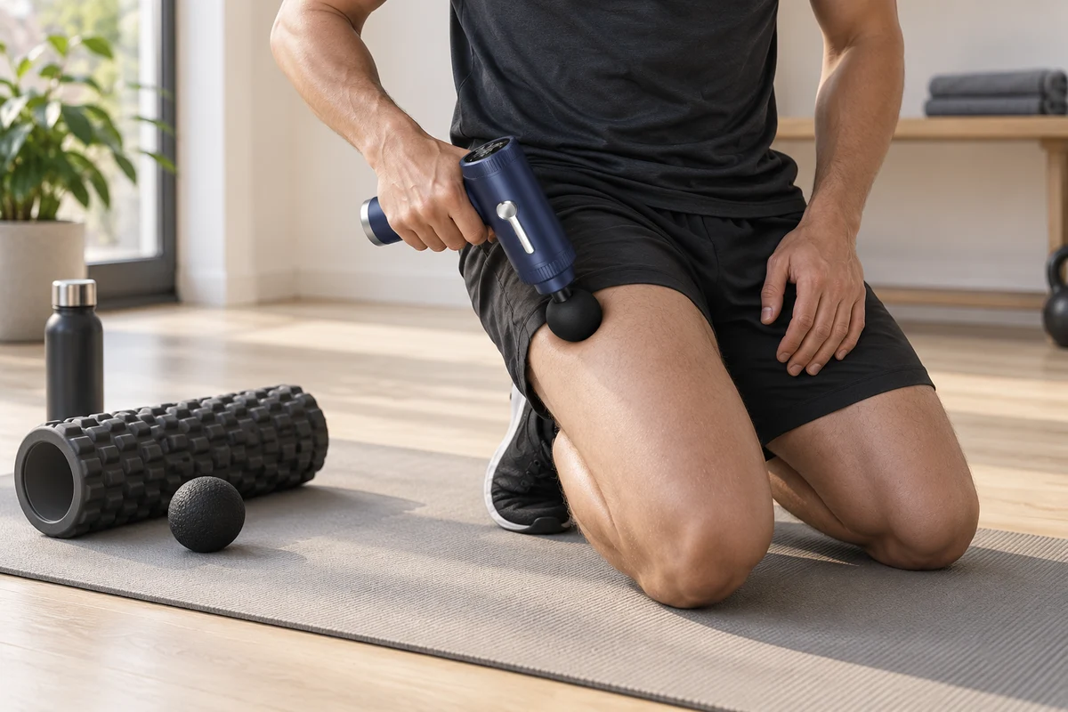 Auf einer Matte kniend wird das Gerät am Oberschenkel angesetzt, daneben liegen eine Faszienrolle und ein Massageball