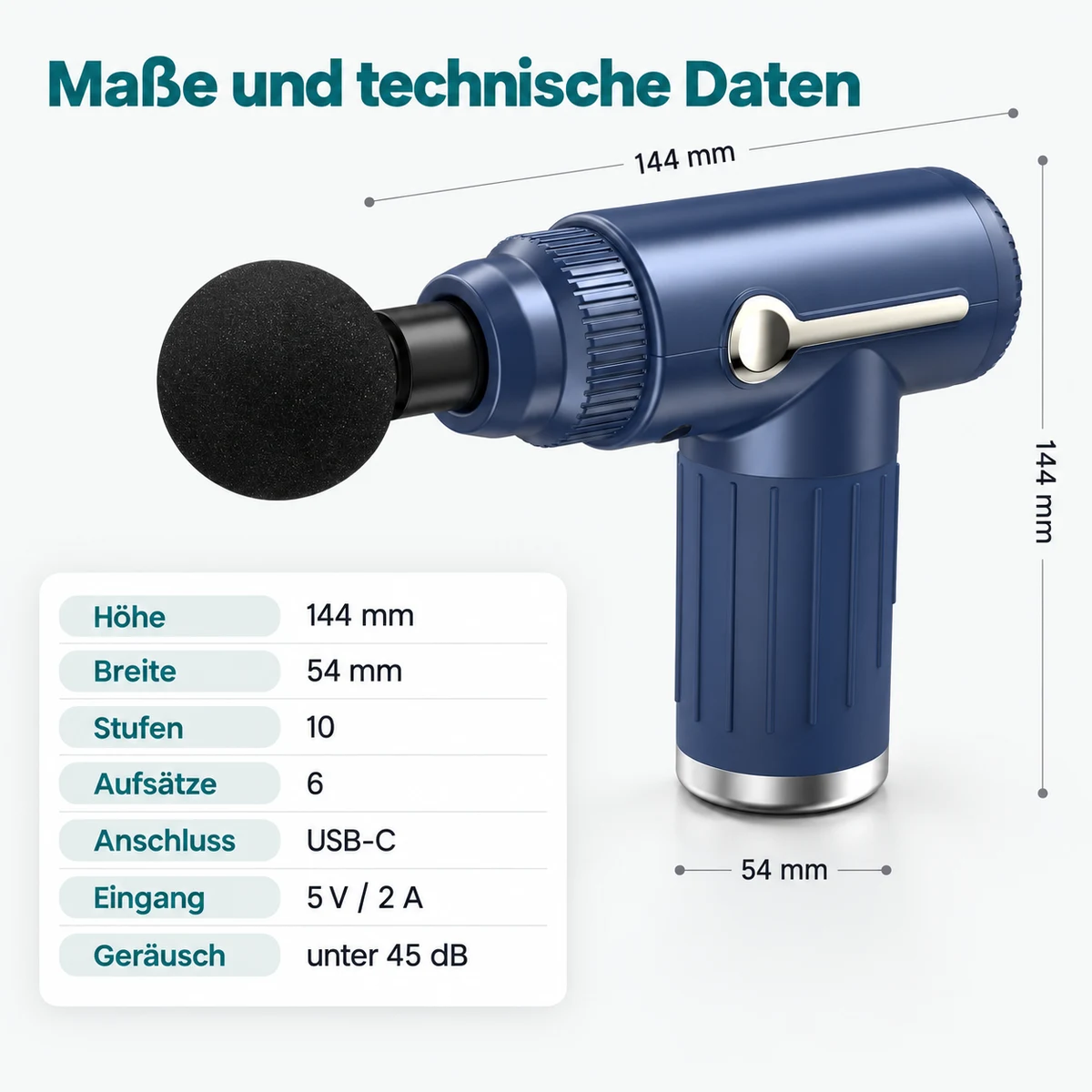 Maße und technische Daten: Höhe 144 mm, Breite 54 mm, 10 Stufen, 6 Aufsätze, USB-C, 5 V / 2 A, unter 45 dB