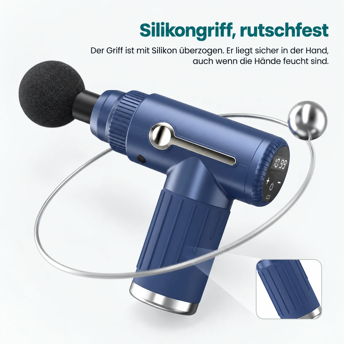 Der mit Silikon überzogene Griff, mit einer vergrößerten Detailansicht der gerillten Oberfläche