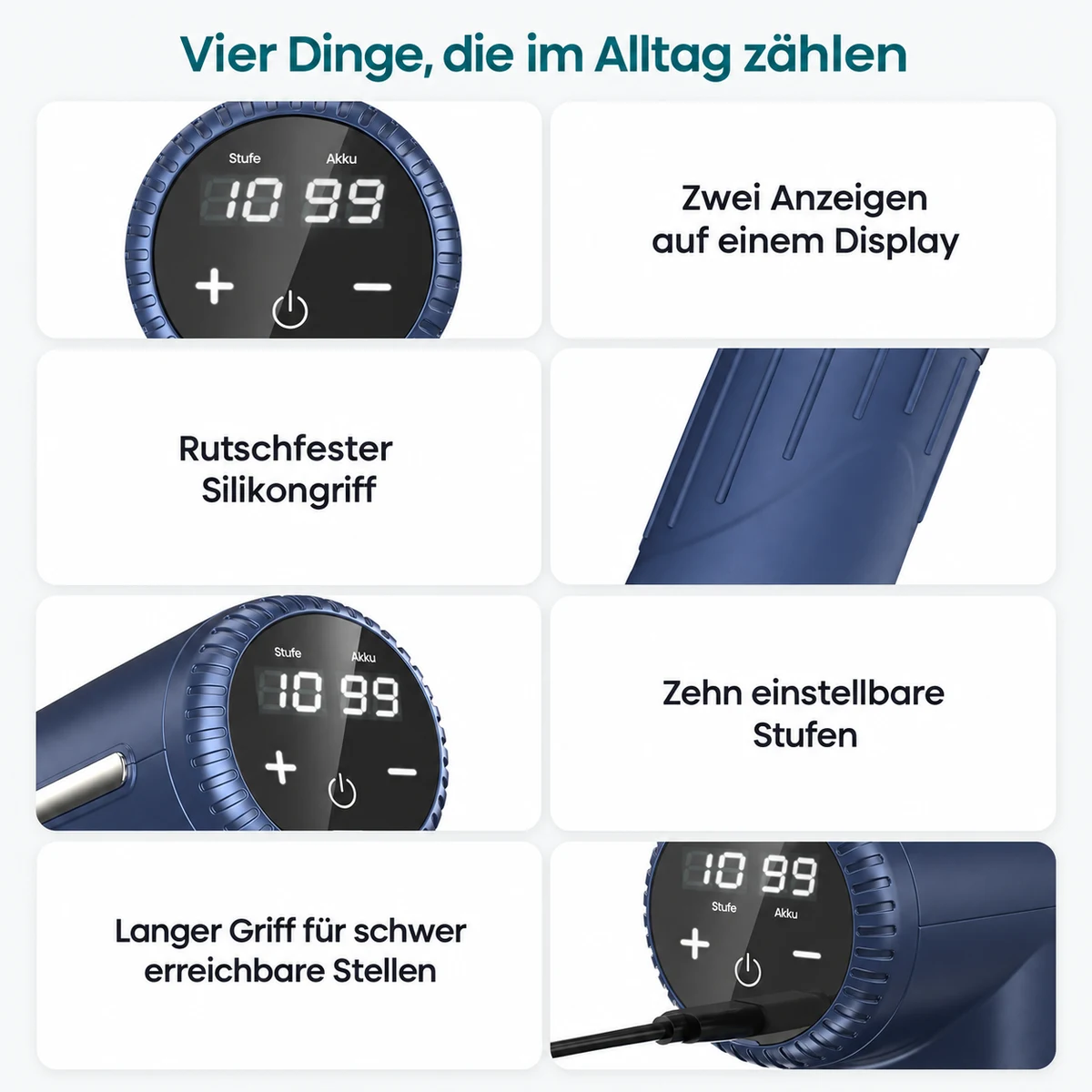 Vier Merkmale: zwei Anzeigen auf einem Display, rutschfester Silikongriff, zehn einstellbare Stufen, langer Griff